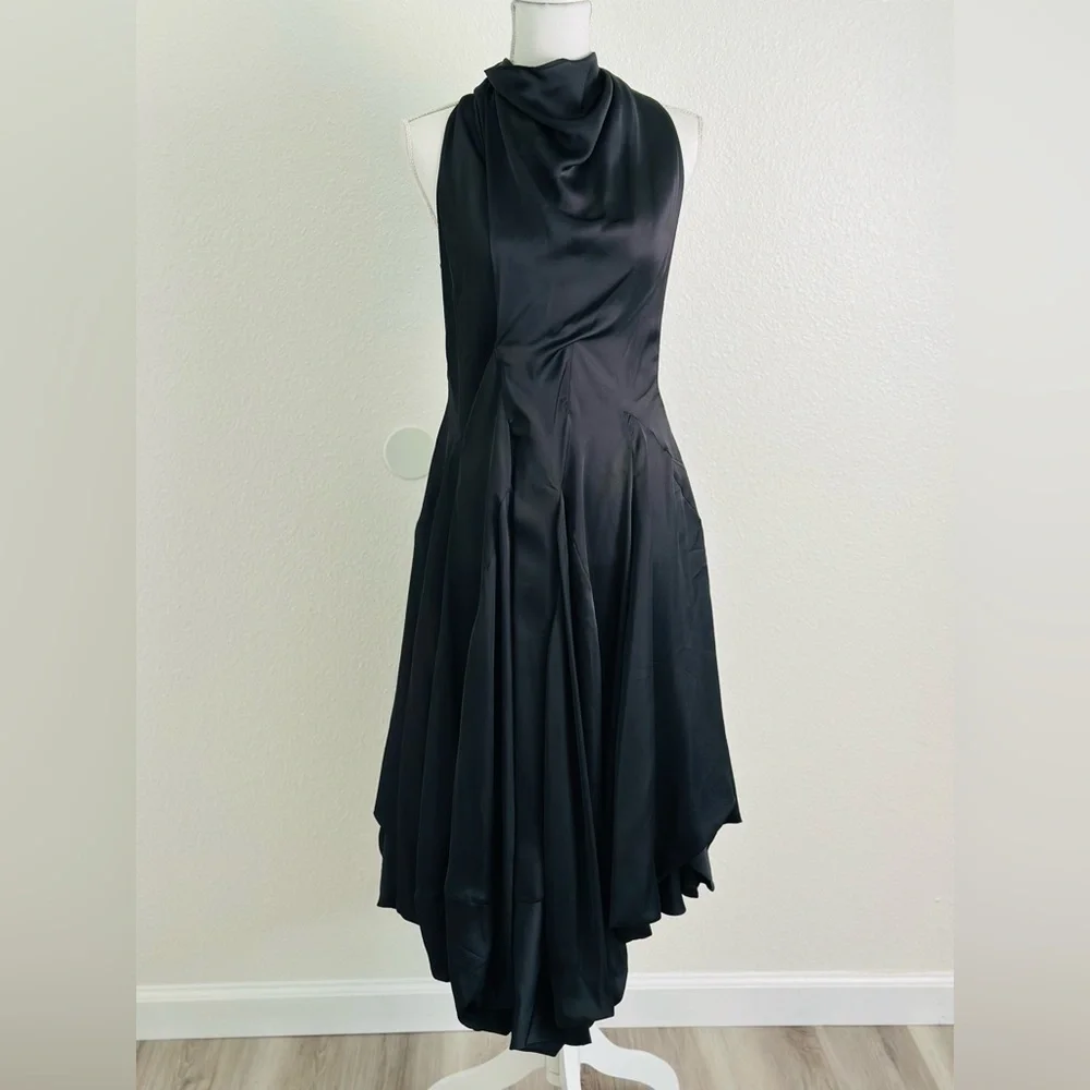 Samuel Dong  Cowl Neck Black Asymmetrical Midi Dress Size Small